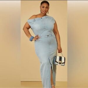 Ashley Stewart One-Shoulder Light Blue Denim Maxi Dress